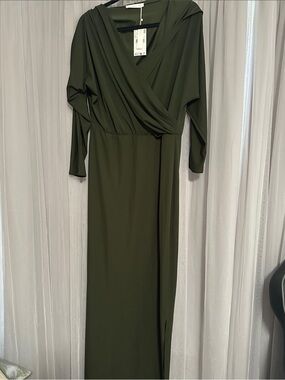 Olive Green Maxi Wrap-Front Dress with V-Neck and hoodie